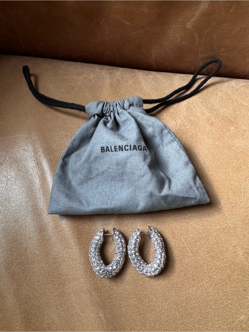 Balenciaga Loop Earrings Silver Crystal Crescent Hoop Twist organic sculptural